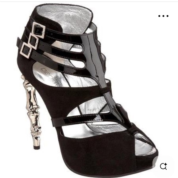 Strappy black suede, patent leather DSquared sandals w/finger bone heels. - Picture 2 of 2